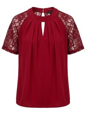 SHEIN Curves Burgandy Lace Sleeve Keyhole Blouse